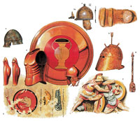 Реставрированные поножи, анатомический панцирь этрусского типа, монтефортинский шлем и аргивский щит из гробницы в Орвието