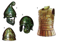 Льняной панцирь, усиленный тонкими металлическими пластинками и шлемы IV в. до н.э.