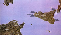 Карта, на которой изображен театр военных действий Первой Пунической войны